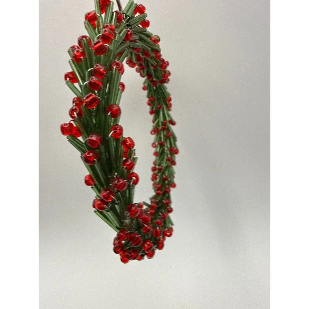 Green and Red Beaded Wreath Christmas Ornament Glass Bugle Beads Holiday Decor